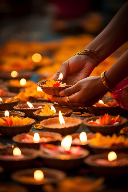 Photo des mains en gros plan allumant des lampes de diwali symbolisant la victoire de la lumière sur l'obscurité