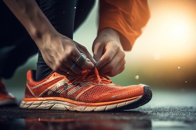 Photo des mains en gros plan attachant des lacets à des baskets