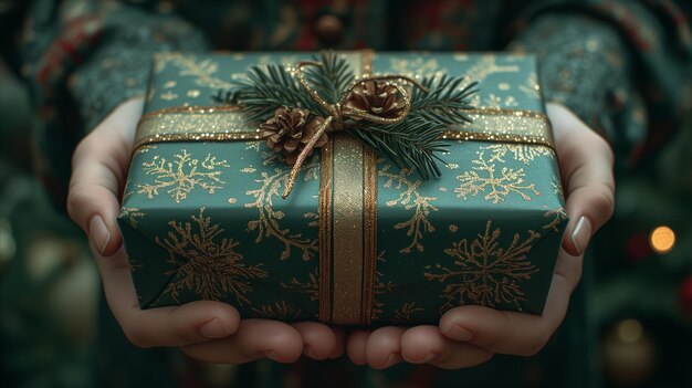 Mains en gros plan présentant un cadeau de Noël festif avec un ruban doré
