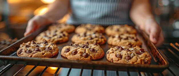 Des mains en gros plan en train de retirer du four une feuille de cuisson avec des biscuits recouverts de chocolat