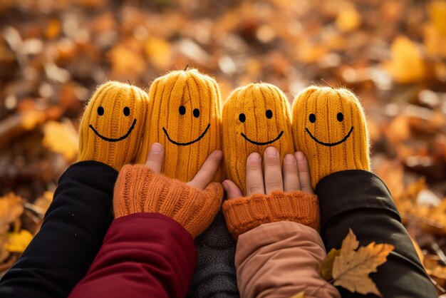 Photo mains groupe d'automne heureux en bonne santé