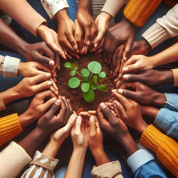 Les mains d'un groupe heureux d'Africains protégeant les plantes vertes