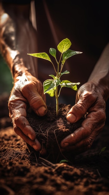 Des mains d'homme arrosant un jeune arbre