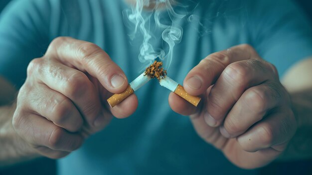 Les mains de l'homme brisent une cigarette Arrêtez de fumer