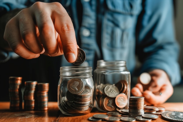 Les mains d'un homme économe comptent et organisent soigneusement de très grandes piles de pièces.