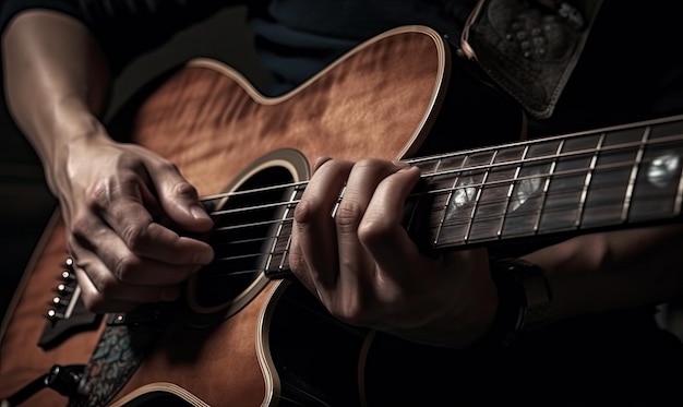 Les mains de l'homme jouent de la guitare Band IA générative