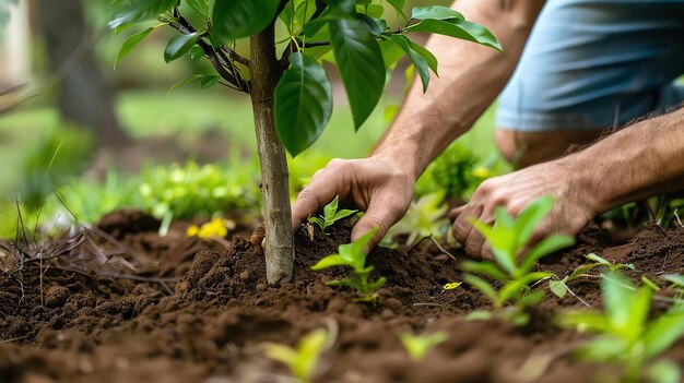 Photo les mains d'un homme plantent un petit arbre dans le sol l'homme porte une chemise bleue et un short l'arbre est un petit jeune arbre avec des feuilles vertes