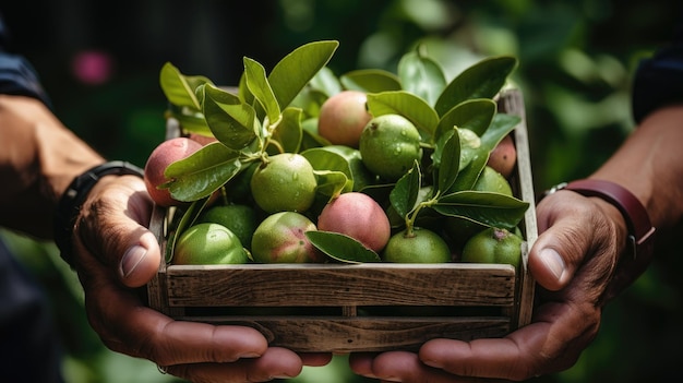 Les mains d'un homme tenant une boîte en bois avec des fruits de goyave