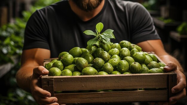 les mains d'un homme tenant une boîte en bois avec de l'olive