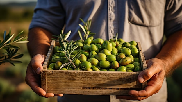 les mains d'un homme tenant une boîte en bois avec de l'olive