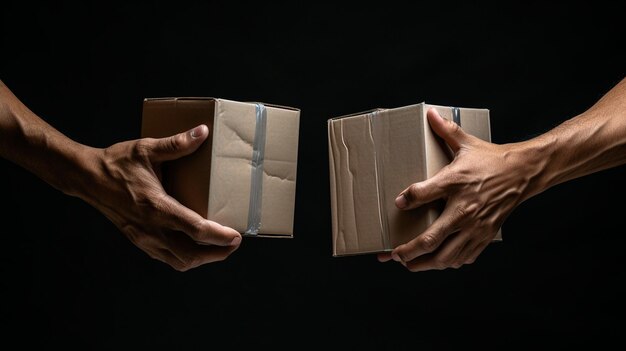 mains d'homme tenant une boîte en carton IA générative