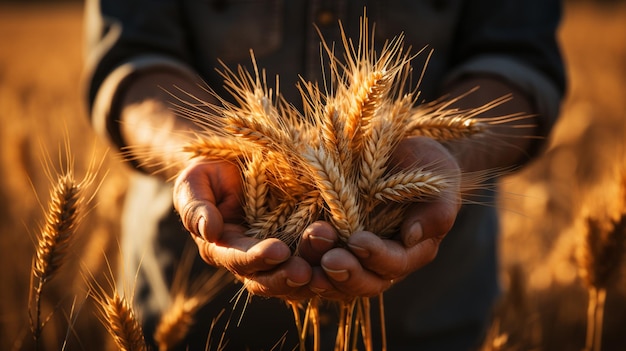 mains d'homme tenant des grains de blé mûrs dans un champ d'agriculteur