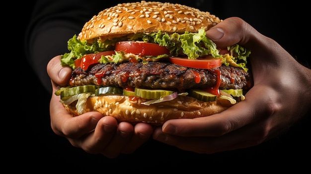 Photo des mains d'un homme tenant un gros hamburger savoureux