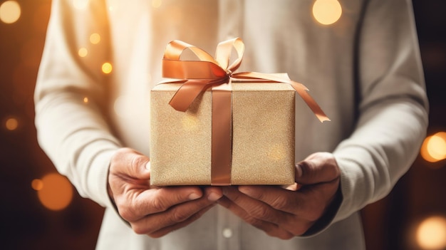 Les mains d'un homme tiennent des cadeaux de Noël magnifiquement emballés sur une table en bois Célébrez la saison des cadeaux et du partage de la joie