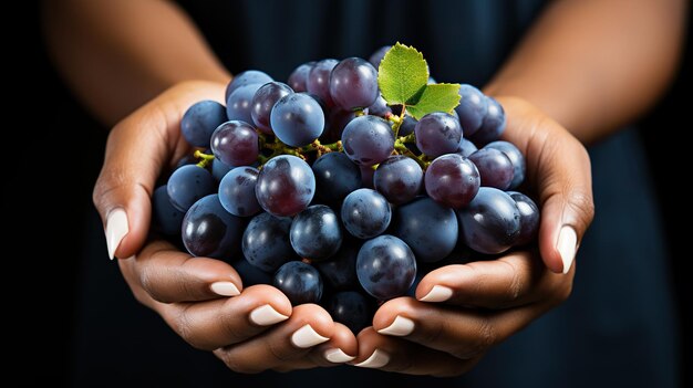 Les mains de l'homme tiennent une grappe de raisin noir en gros plan