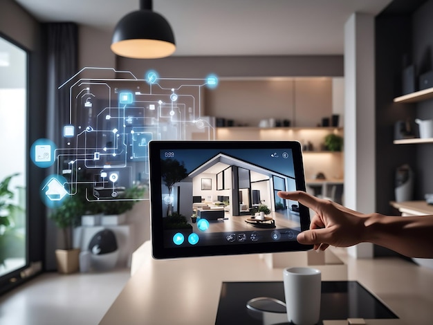 Photo les mains de l'homme travaillant avec l'interface de la maison intelligente de la tablette avec la réalité augmentée de l'intérieur de l'objet lot