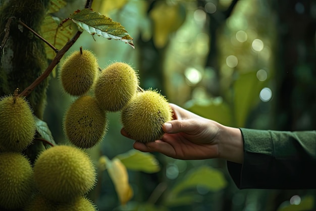 Des mains d'hommes à la cueillette de fruits au milieu de la forêt sereine