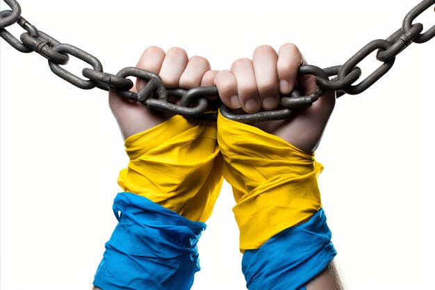 Les mains des hommes de la liberté ukrainiens dans les couleurs du drapeau national brisent les chaînes sur un fond blanc