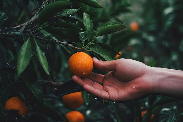 Les mains d'hommes rassemblant de délicieux oranges dans la forêt