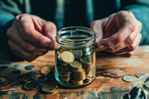 Des mains d'hommes tenant des pièces dans un pot en verre Concept d'épargne d'argent généré par l'IA