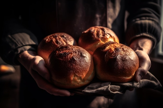 Les mains des hommes tiennent quatre petits pains sur une serviette des pâtisseries douillettes faites maison Concept de nutrition généré par l'IA