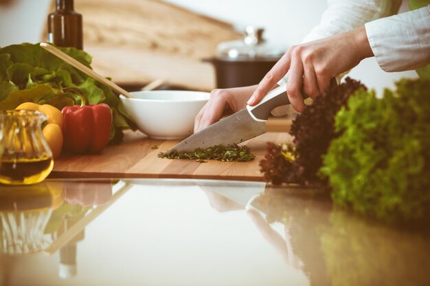 Mains humaines inconnues cuisinant dans la cuisine. La femme est occupée avec une salade de légumes. Repas sain et concept de nourriture végétarienne.