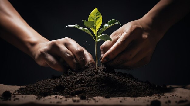 Des mains humaines plantent une plante dans le jardin.