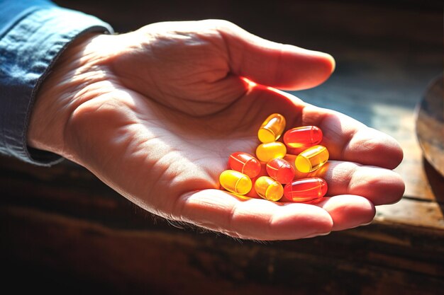 Photo des mains humaines tiennent une poignée de pilules et de capsules colorées