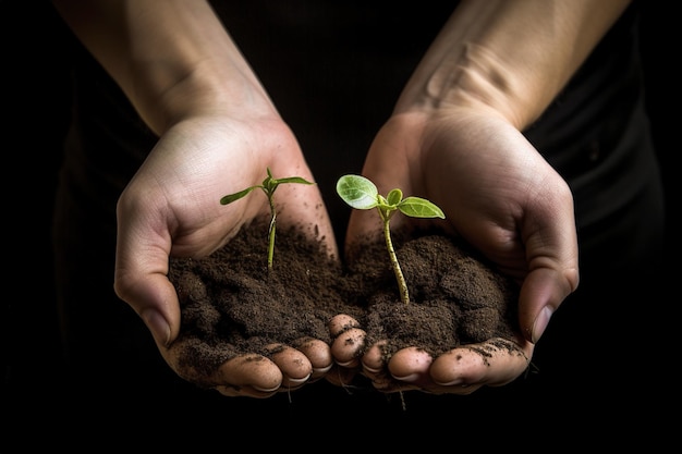 Les mains humaines tiennent tendrement la plante et le sol dans leurs mains Concept de la nature Illustration IA générative