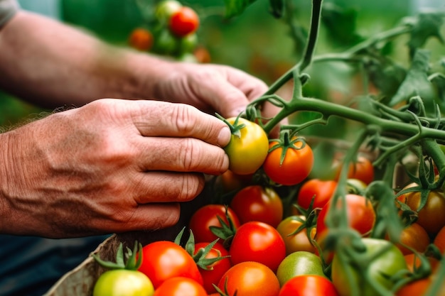 Mains jardinier cueillant des tomates rouges dans la serre générative ai