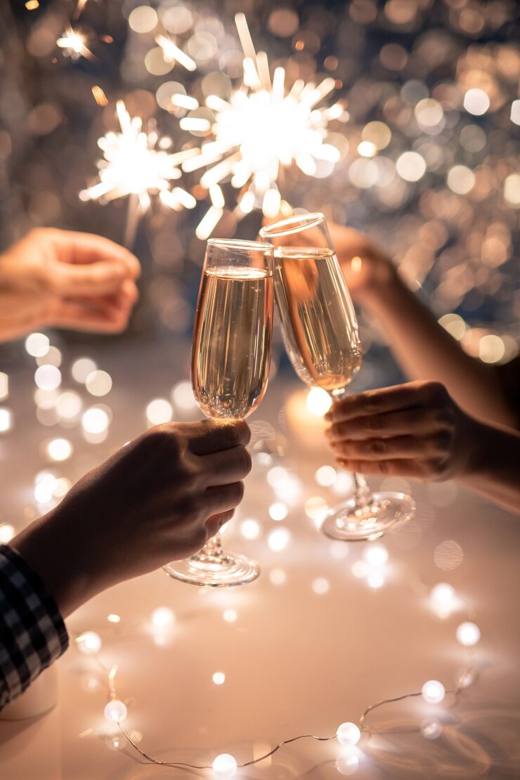 Photo mains de jeune couple tintant avec des flûtes de champagne sur l'espace de deux humains tenant des lumières du bengale mousseux