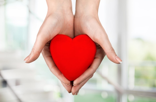 Mains de jeune femme tenant un coeur rouge