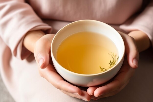 Des mains de jeune femme tenant une tasse de thé aromatique, une tasse de feuilles vertes, du thé chaud, une boisson à la vapeur le matin