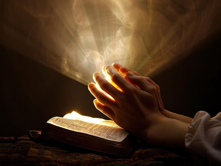 Photo des mains jointes en prière sur une bible
