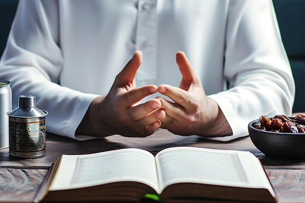 Les mains jointes en prière sur un livre saint ouvert.