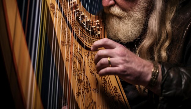 des mains jouant d'une harpe celtique