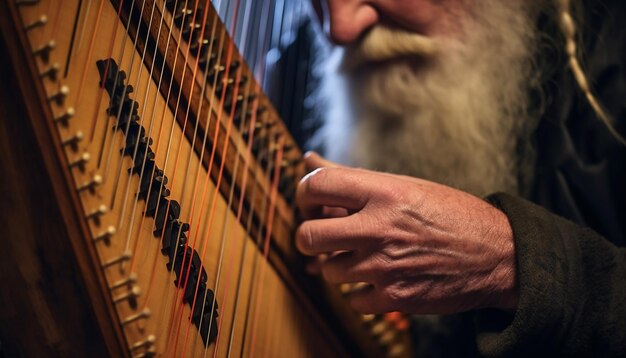 Photo des mains jouant d'une harpe celtique