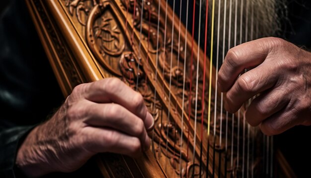 Photo des mains jouant d'une harpe celtique