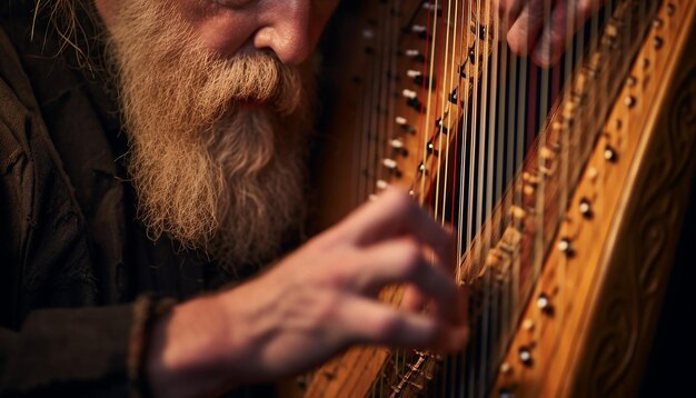 des mains jouant d'une harpe celtique