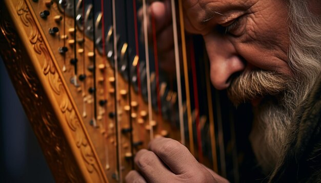 Photo des mains jouant d'une harpe celtique