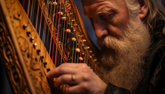 des mains jouant d'une harpe celtique