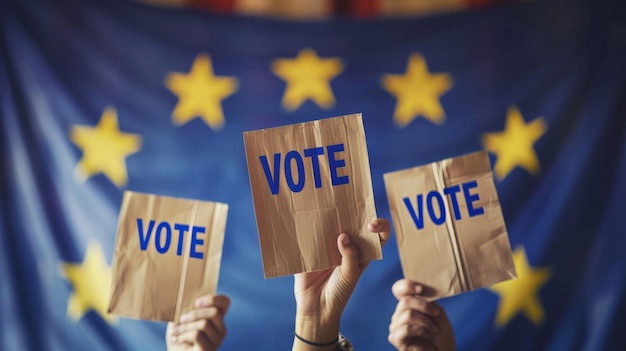 Des mains levées en l'air tenant des pancartes disant voter contre le drapeau de l'Union européenne en arrière-plan