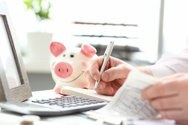 Photo mains mâles, prendre des notes avec un stylo argent sur le budget familial