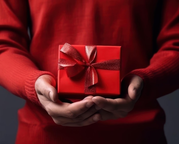 Mains mâles tenant une boîte-cadeau rouge à une femme femme cadeau de vacances générative ai