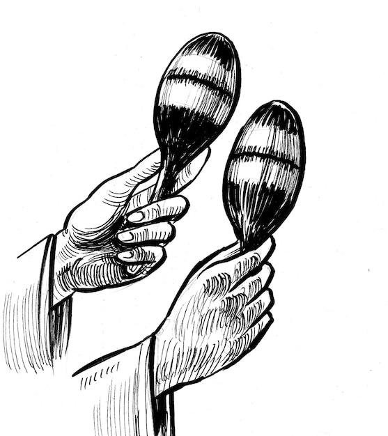 Mains avec maracas. Dessin noir et blanc à l'encre