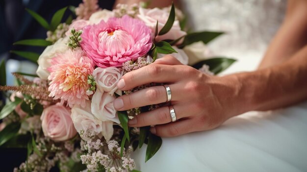 Photo les mains de la mariée et du marié avec des anneaux sur le bouquet de mariage