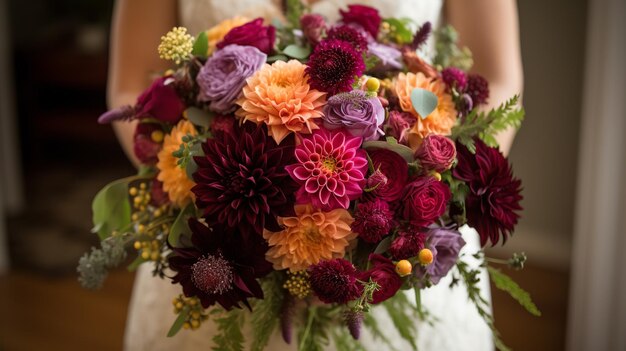 Les mains de la mariée tenant un bouquet de fleurs d'origine locale