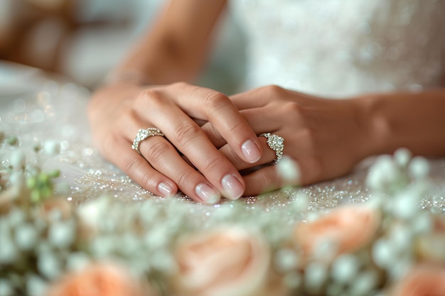 Mains de mariées avec anneaux de mariage sur table