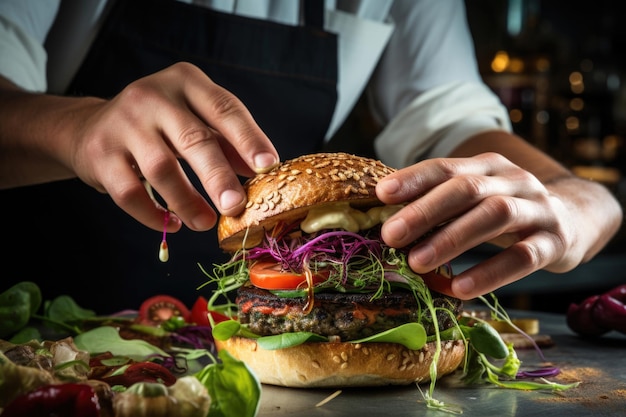 Des mains masculines faisant un hamburger végétalien en gros plan.