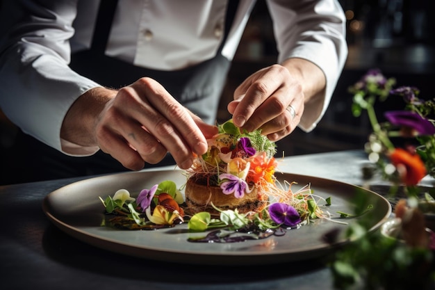 Des mains masculines faisant une salade végétalienne avec des fleurs en gros plan.